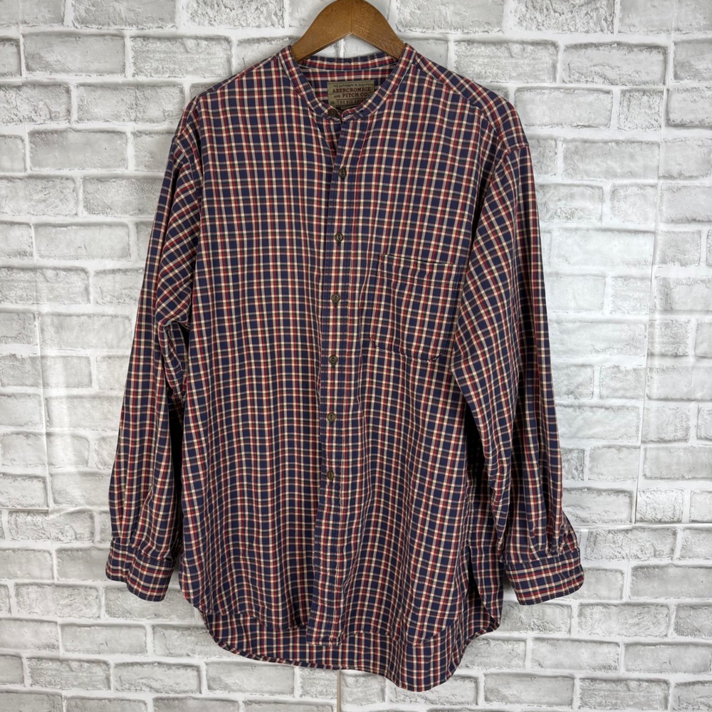 Abercrombie & Fitch The Big Shirt Mens MEDIUM Plaid Mandarin Collar Vintage 90s